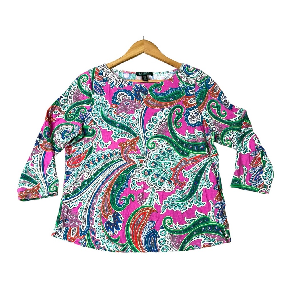 Lauren Ralph Laure Top Women Soft Paisley Floral 3/4 Sleeve Size XL Button - Picture 2 of 10